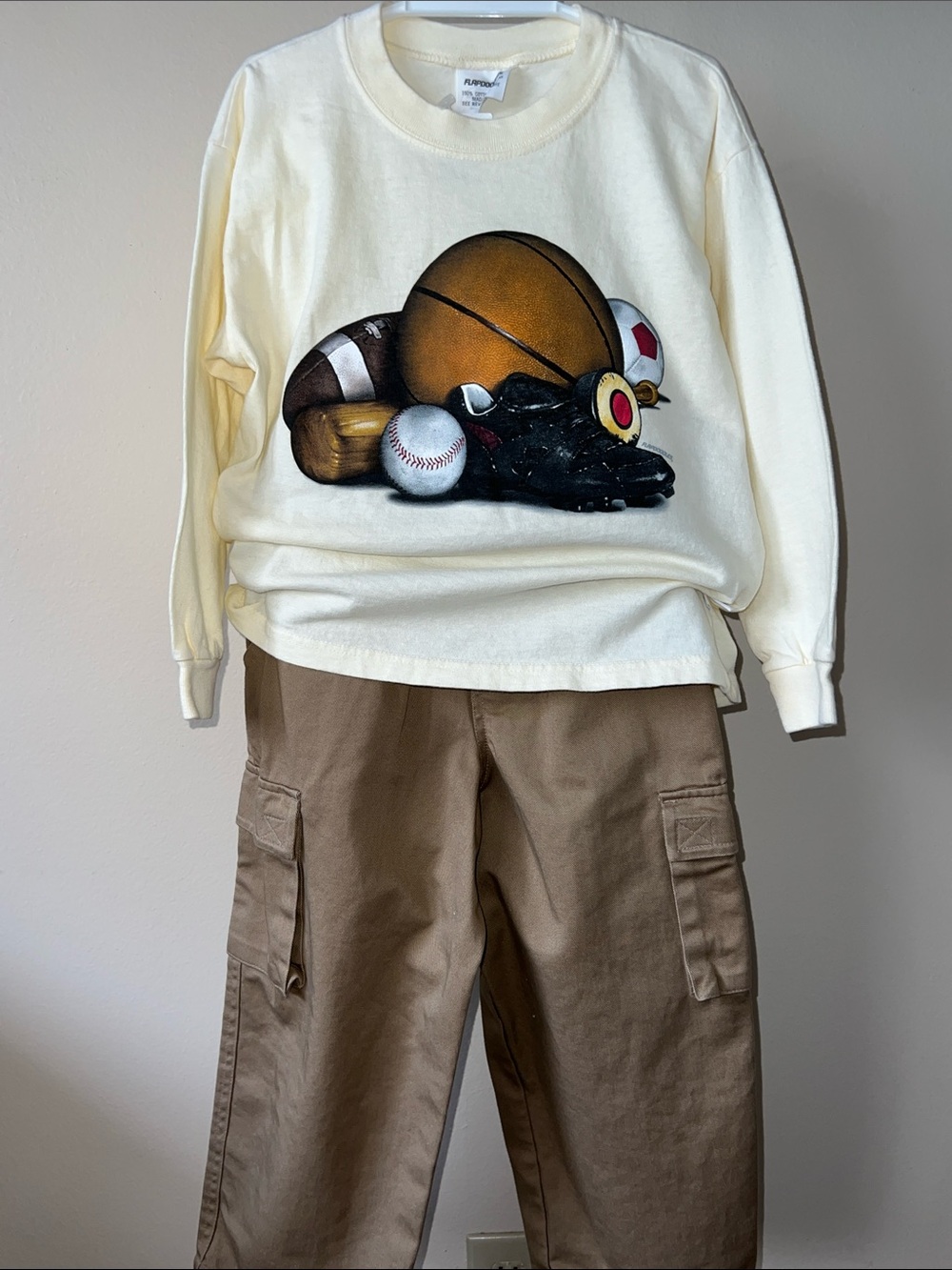 Flapadoodles Cool Kids Cream Long-Sleeve Sports Graphic Tee and Kahki Cargo Pant